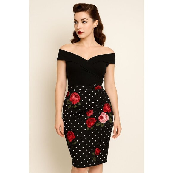 ABN Floral Pencil Skirt M Black White Dot High Waist Stretchy Retro Made USA - Picture 11 of 11